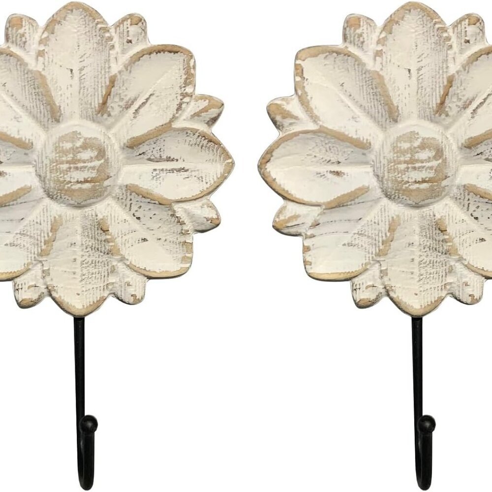 Decorative Wall Mounted Flower Hooks, White Distressed Wood Hanging Hooks, Farmh